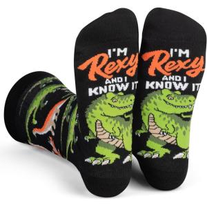 imageLavley Funny Socks for Adults  Cool Novelty Gifts and Stocking Stuffers for Men Women ampamp Teens  One SizeRexy and I Know It