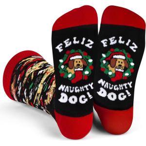 imageLavley Funny Christmas Socks for Adults  Novelty Stocking Stuffer Gifts for Men Women and Teens  Unisex One SizeFeliz Naughty Dog
