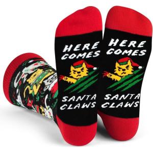 imageLavley Funny Christmas Socks for Adults  Novelty Stocking Stuffer Gifts for Men Women and Teens  Unisex One SizeHere Comes Santa Claws Cats