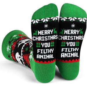 imageLavley Funny Christmas Socks for Adults  Novelty Stocking Stuffer Gifts for Men Women and Teens  Unisex One SizeMerry Christmas You Filthy Animal