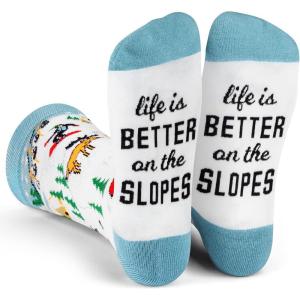 imageLavley Ski Socks  Funny socks for skiers and snowboarders  Unisex novelty gift  Great for birthdays or holidaysLife is Better on the Slopes