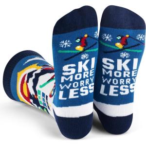 imageLavley Ski Socks  Funny socks for skiers and snowboarders  Unisex novelty gift  Great for birthdays or holidaysSki More Worry Less