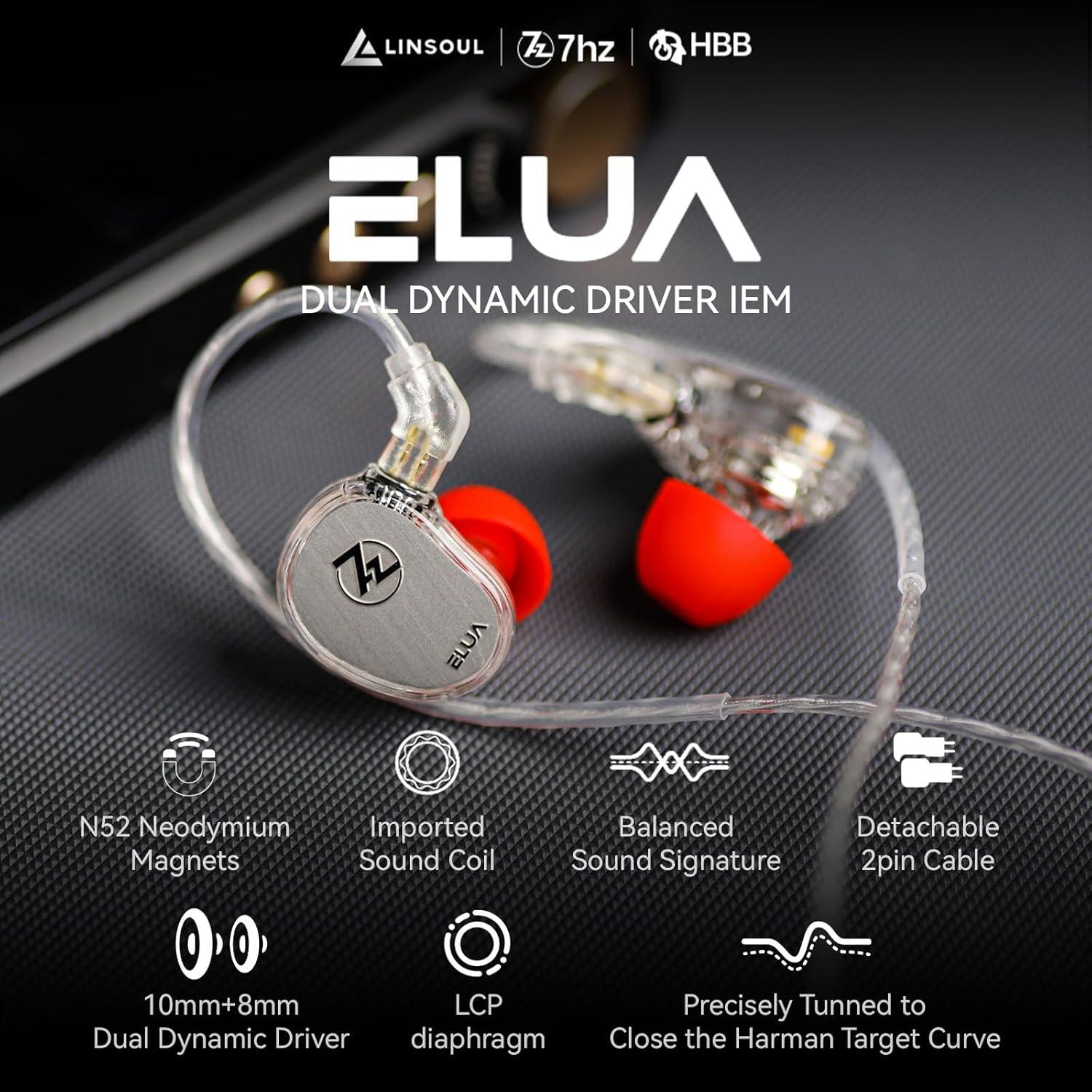 imageLinsoul 7Hz x HBB Elua in Ear Monitor 10mm  8mm Dual Dynamic Driver IEM Earphones HiFi Wired Earbuds Gaming Earbuds with 2 Pin Detachable Cable for Audiophile Studio Engineer