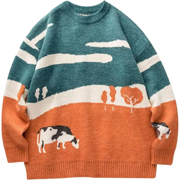 Gihuo Mens Sweater Vintage Cow Printed Sweater Pullover Sweaters Crewneck Oversized Kawaii Sweater Knit Tops Jumper