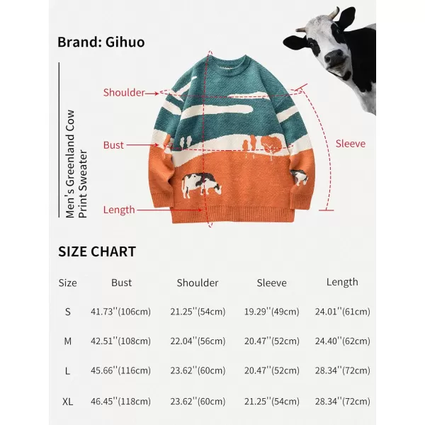 Gihuo Mens Sweater Vintage Cow Printed Sweater Pullover Sweaters Crewneck Oversized Kawaii Sweater Knit Tops Jumper