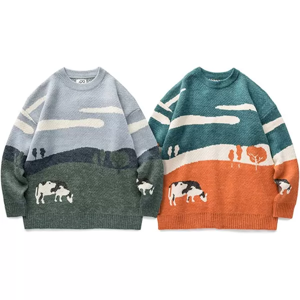 Gihuo Mens Sweater Vintage Cow Printed Sweater Pullover Sweaters Crewneck Oversized Kawaii Sweater Knit Tops Jumper