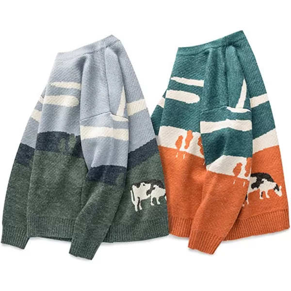 Gihuo Mens Sweater Vintage Cow Printed Sweater Pullover Sweaters Crewneck Oversized Kawaii Sweater Knit Tops Jumper