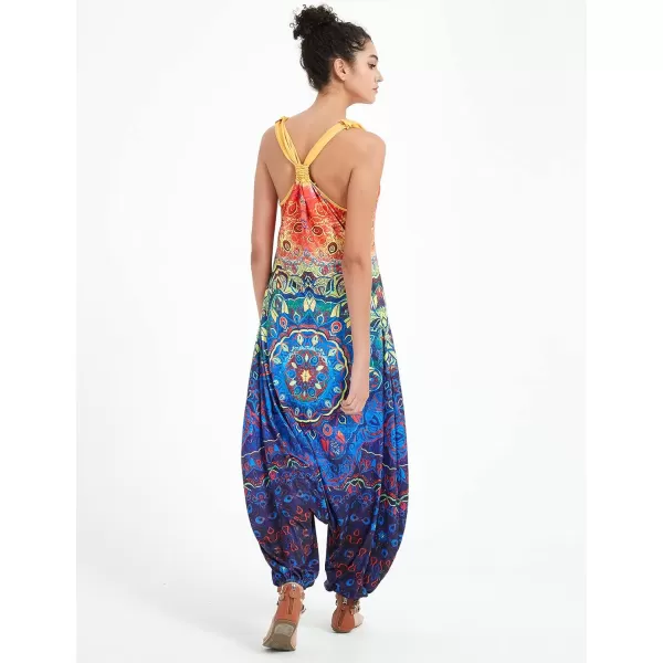 Gihuo Harem Jumpsuit for Women Boho Floral Beach Tie Dye Backless Jumpsuit Rompers