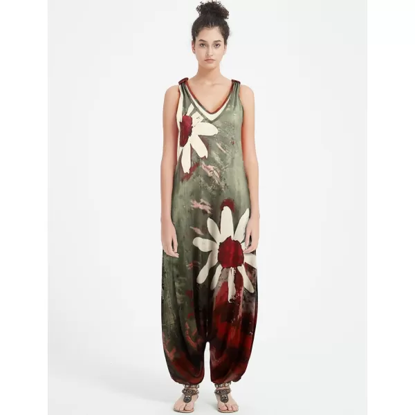Gihuo Harem Jumpsuit for Women Boho Floral Beach Tie Dye Backless Jumpsuit Rompers
