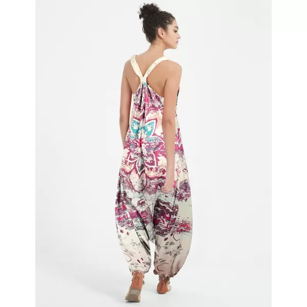 Gihuo Harem Jumpsuit for Women Boho Floral Beach Tie Dye Backless Jumpsuit Rompers