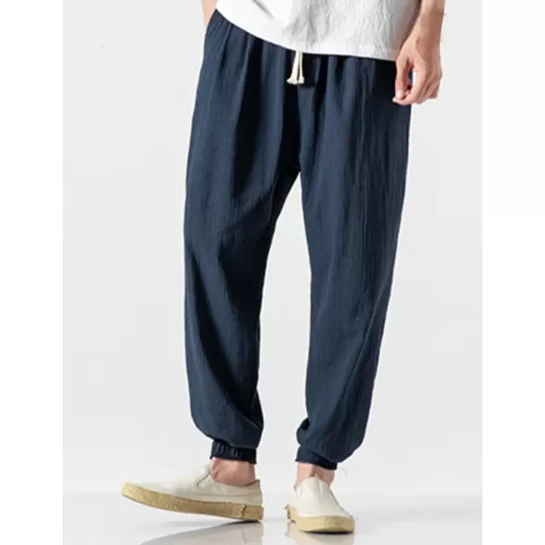 Gihuo Men Cotton Linen Jogger Pants Hip Hop Harem Drawstring Elastic Waist Baggy Sweatpants Trousers