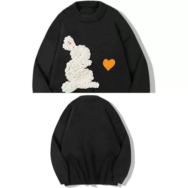 Gihuo Men' s Rabbit Cute Sweaters Long Sleeve Heart Print Crewneck Sweater Loose Fit Drop Shoulder Knitwear