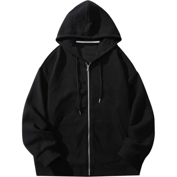 Gihuo Men' s Waffle Knit Sweatshirts Workout Gym Hoodie Long Sleeve Zip Up Hooded Sweatshirt with Kanga Pockets