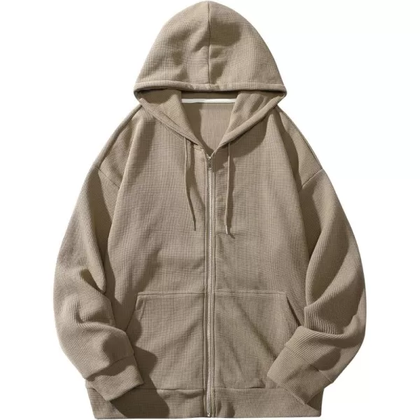 Gihuo Men' s Waffle Knit Sweatshirts Workout Gym Hoodie Long Sleeve Zip Up Hooded Sweatshirt with Kanga Pockets