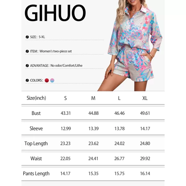 Gihuo Pajamas Set for Women Hawaiian Printed Loungewear Button Down 2 Piece Shorts and Top Sets