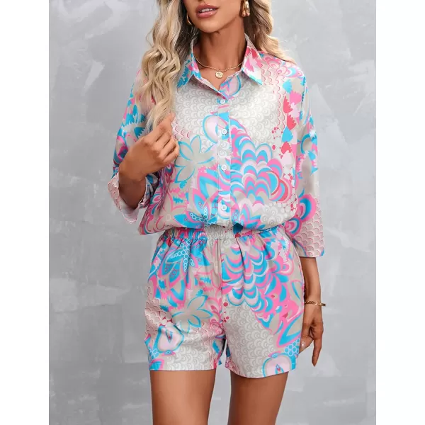 Gihuo Pajamas Set for Women Hawaiian Printed Loungewear Button Down 2 Piece Shorts and Top Sets