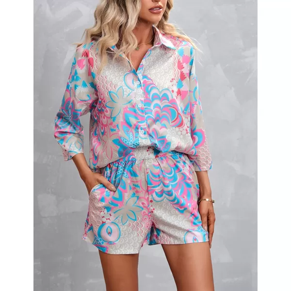 Gihuo Pajamas Set for Women Hawaiian Printed Loungewear Button Down 2 Piece Shorts and Top Sets