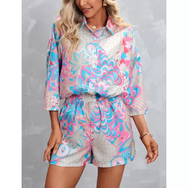 Gihuo Pajamas Set for Women Hawaiian Printed Loungewear Button Down 2 Piece Shorts and Top Sets