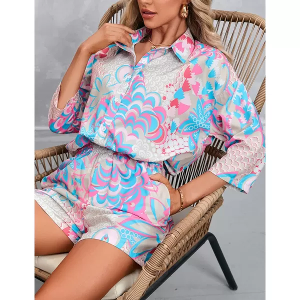 Gihuo Pajamas Set for Women Hawaiian Printed Loungewear Button Down 2 Piece Shorts and Top Sets