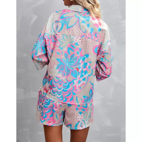 Gihuo Pajamas Set for Women Hawaiian Printed Loungewear Button Down 2 Piece Shorts and Top Sets