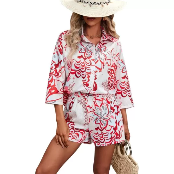 Gihuo Pajamas Set for Women Hawaiian Printed Loungewear Button Down 2 Piece Shorts and Top Sets