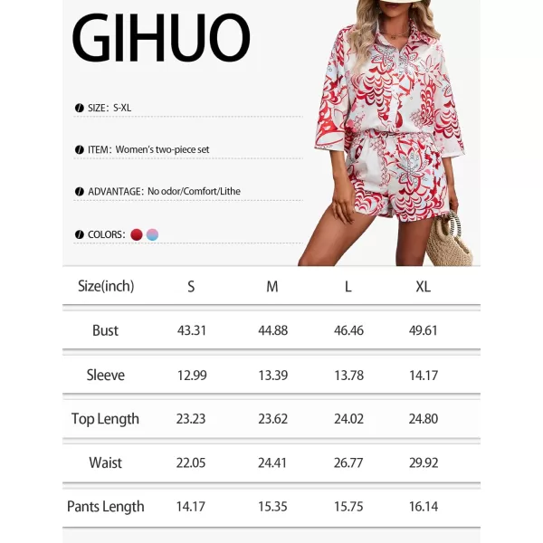Gihuo Pajamas Set for Women Hawaiian Printed Loungewear Button Down 2 Piece Shorts and Top Sets