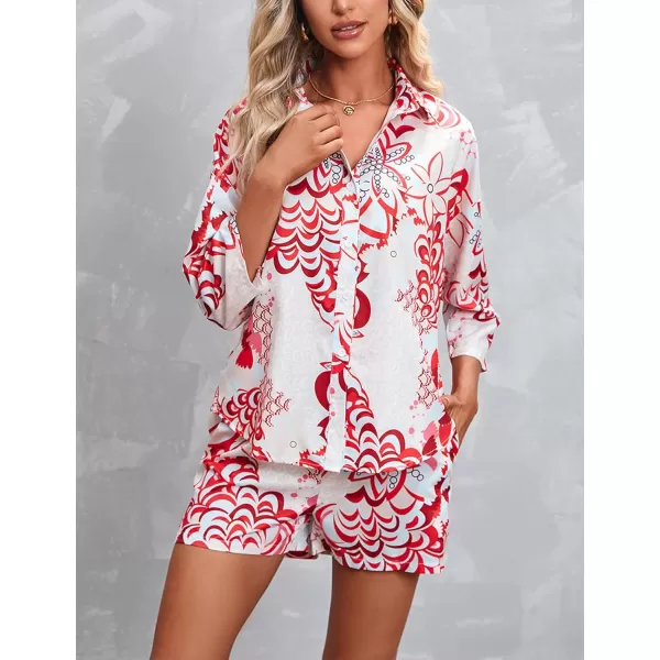 Gihuo Pajamas Set for Women Hawaiian Printed Loungewear Button Down 2 Piece Shorts and Top Sets