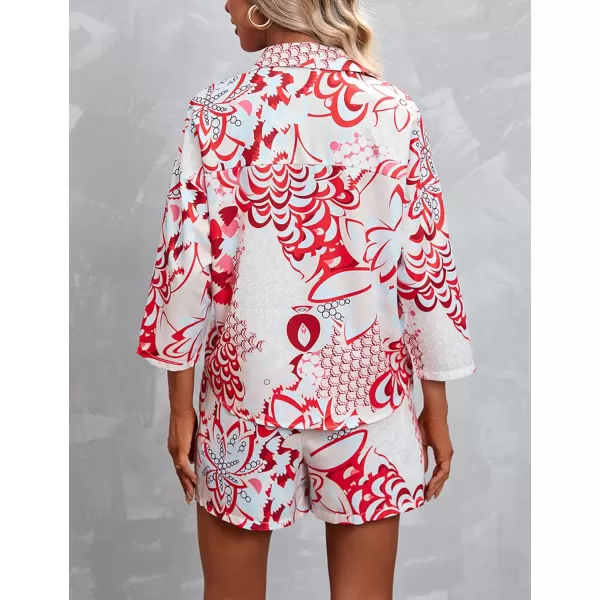 Gihuo Pajamas Set for Women Hawaiian Printed Loungewear Button Down 2 Piece Shorts and Top Sets