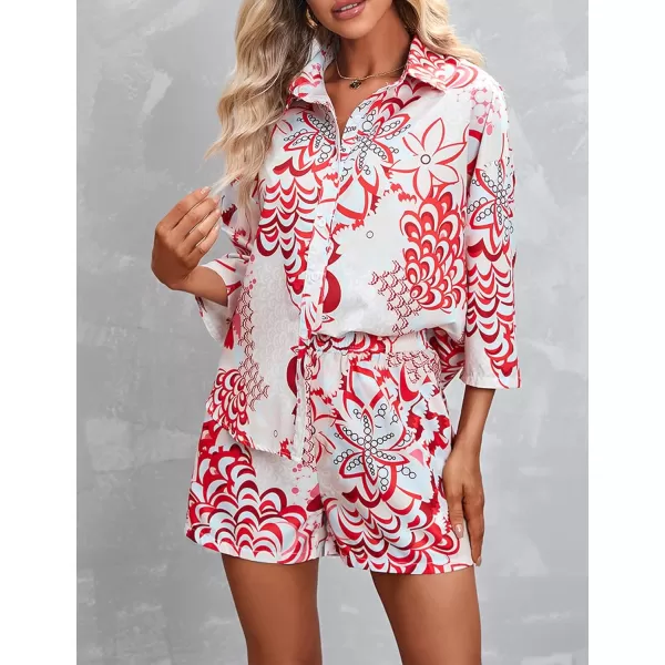 Gihuo Pajamas Set for Women Hawaiian Printed Loungewear Button Down 2 Piece Shorts and Top Sets