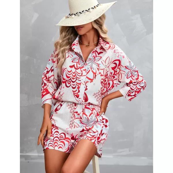 Gihuo Pajamas Set for Women Hawaiian Printed Loungewear Button Down 2 Piece Shorts and Top Sets