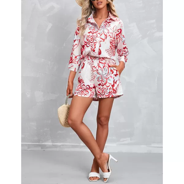 Gihuo Pajamas Set for Women Hawaiian Printed Loungewear Button Down 2 Piece Shorts and Top Sets