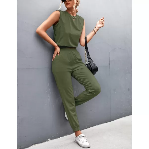 Gihuo Women 2 Piece Outfit Sets Sleeveless Crop Tops Tracksuit Long Jogger Pants with Pockets Sweatsuits Lounge Sets