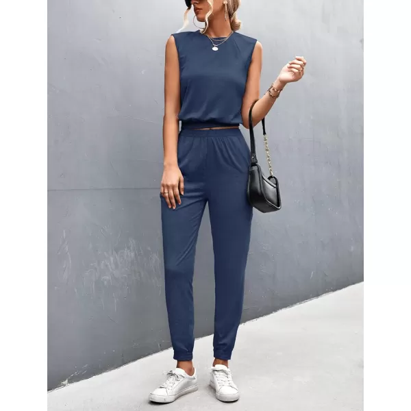 Gihuo Women 2 Piece Outfit Sets Sleeveless Crop Tops Tracksuit Long Jogger Pants with Pockets Sweatsuits Lounge Sets