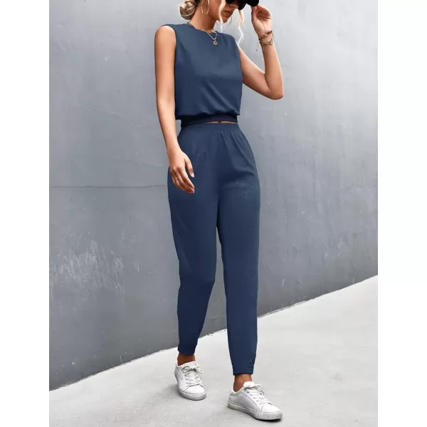 Gihuo Women 2 Piece Outfit Sets Sleeveless Crop Tops Tracksuit Long Jogger Pants with Pockets Sweatsuits Lounge Sets