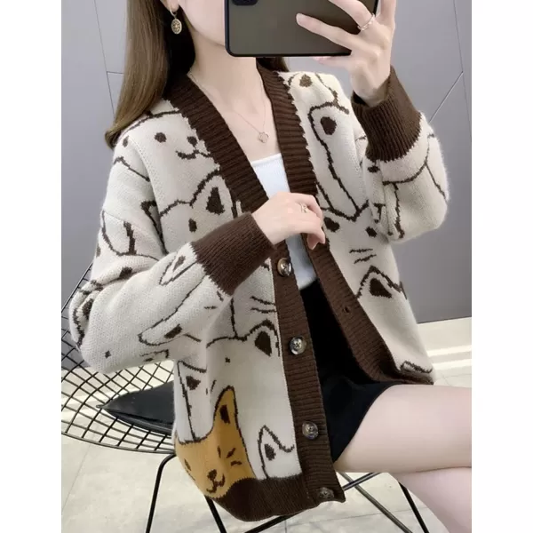 Gihuo Women Cat Cardigan Sweater Knit Cute Cartoon Oversized V Neck Long Sleeve Cardigan