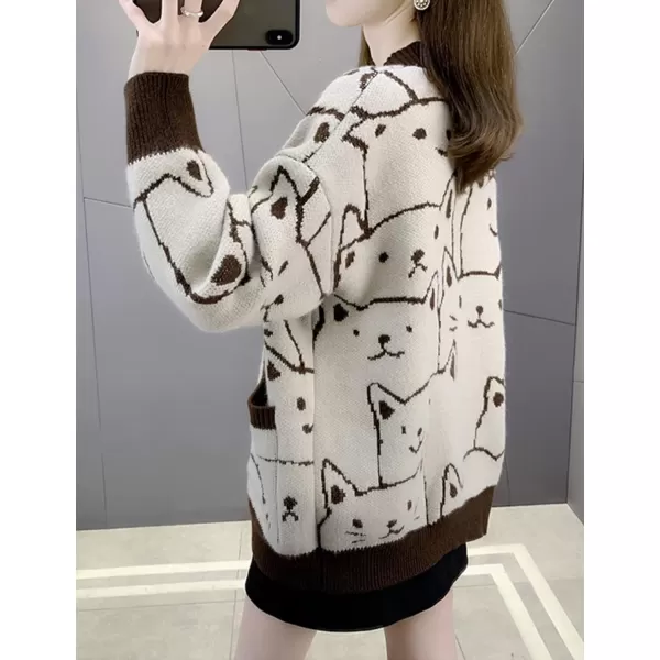 Gihuo Women Cat Cardigan Sweater Knit Cute Cartoon Oversized V Neck Long Sleeve Cardigan