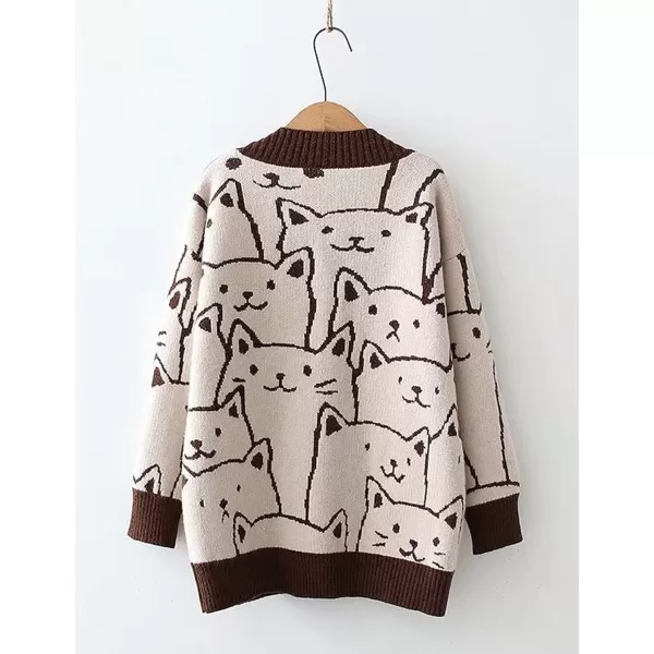 Gihuo Women Cat Cardigan Sweater Knit Cute Cartoon Oversized V Neck Long Sleeve Cardigan