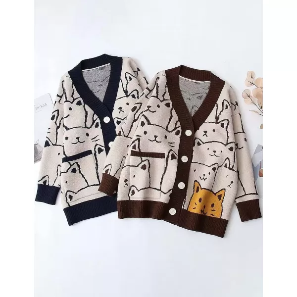 Gihuo Women Cat Cardigan Sweater Knit Cute Cartoon Oversized V Neck Long Sleeve Cardigan