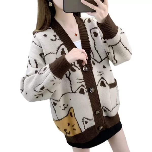 Gihuo Women Cat Cardigan Sweater Knit Cute Cartoon Oversized V Neck Long Sleeve Cardigan