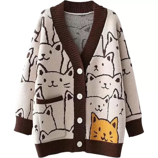 Gihuo Women Cat Cardigan Sweater Knit Cute Cartoon Oversized V Neck Long Sleeve Cardigan