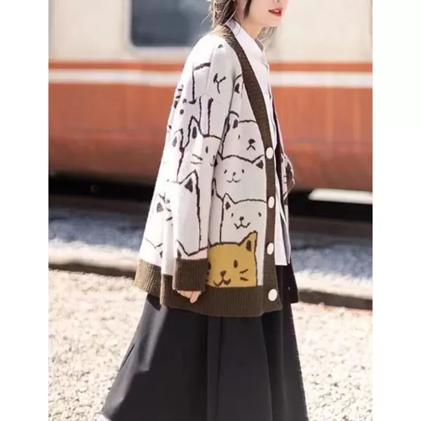 Gihuo Women Cat Cardigan Sweater Knit Cute Cartoon Oversized V Neck Long Sleeve Cardigan
