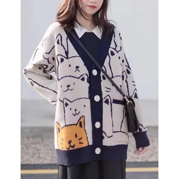 Gihuo Women Cat Cardigan Sweater Knit Cute Cartoon Oversized V Neck Long Sleeve Cardigan