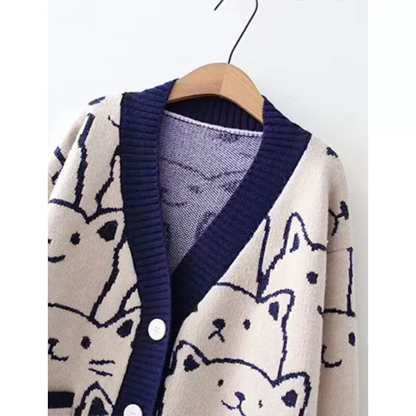 Gihuo Women Cat Cardigan Sweater Knit Cute Cartoon Oversized V Neck Long Sleeve Cardigan