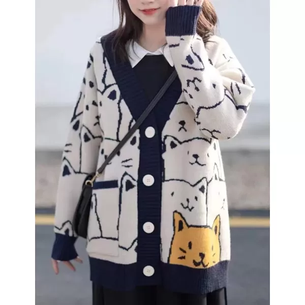 Gihuo Women Cat Cardigan Sweater Knit Cute Cartoon Oversized V Neck Long Sleeve Cardigan