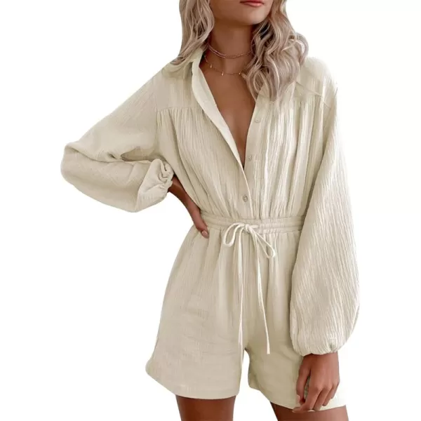 Gihuo Women' s Button Lantern Sleeve Shorts Romper Elastic Waist Summer Casual Pleated Jumpsuits