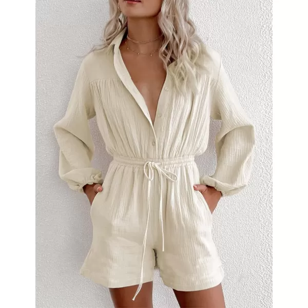 Gihuo Women' s Button Lantern Sleeve Shorts Romper Elastic Waist Summer Casual Pleated Jumpsuits