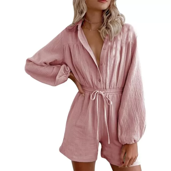 Gihuo Women' s Button Lantern Sleeve Shorts Romper Elastic Waist Summer Casual Pleated Jumpsuits