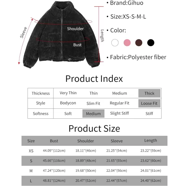 Gihuo Women' s Corduroy Puffer Jacket Full Zip Puffy Jackets Long Sleeve Winter Bubble Coats Warm Outerwear Coats