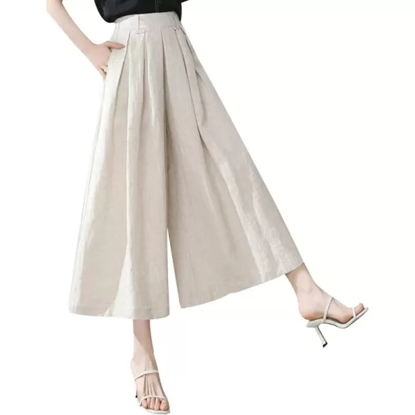 Gihuo Women' s Culottes Linen Blend Wide Leg Pants Elastic Waist Casual Palazzo Trousers with Pockets Capris