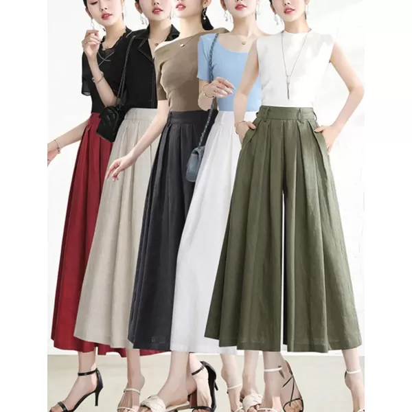Gihuo Women' s Culottes Linen Blend Wide Leg Pants Elastic Waist Casual Palazzo Trousers with Pockets Capris